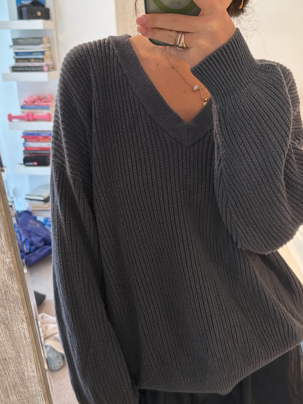 Aritzia Charcoal Gray Ribbed V-Neck Sweater